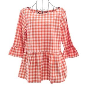 NEW Haley And The Hound Orange Gingham Peplum Top Boatneck Ruffle Sleeve Size S